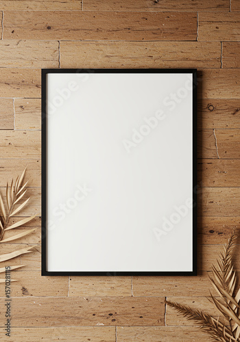 Blank black frame mockup with dried palm leaves on textured wood background