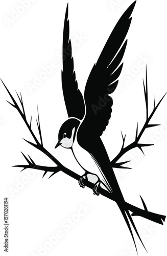 Vector Silhouette of Bird Perched on Curved Branch with Leaves – Minimalist Nature Design on White Backgroun