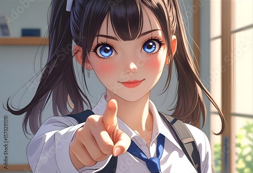 正面を指差す日本人の女学生の日本アニメ風イラスト