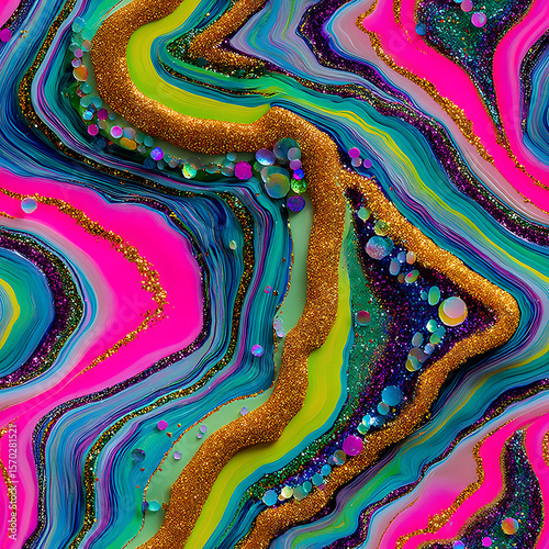 digital artwork bursting with neon rainbow swirls, sparkling glitter textures, and dynamic fluid lines. This bold, psychedelic design radiates energy—perfect for festival posters, wallpapers
