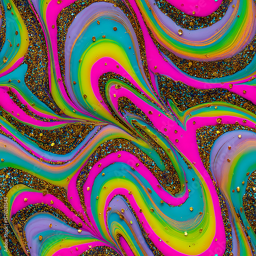 digital artwork bursting with neon rainbow swirls, sparkling glitter textures, and dynamic fluid lines. This bold, psychedelic design radiates energy—perfect for festival posters, wallpapers