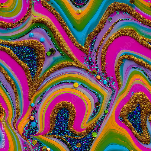 digital artwork bursting with neon rainbow swirls, sparkling glitter textures, and dynamic fluid lines. This bold, psychedelic design radiates energy—perfect for festival posters, wallpapers