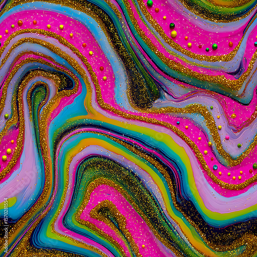 digital artwork bursting with neon rainbow swirls, sparkling glitter textures, and dynamic fluid lines. This bold, psychedelic design radiates energy—perfect for festival posters, wallpapers