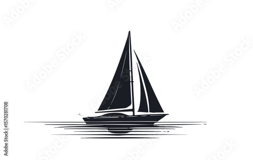 Modern sailboat vector logo icon. Minimalist yacht on water with reflection. Simple sailing ship silhouette for nautical travel, sport, and marine business.