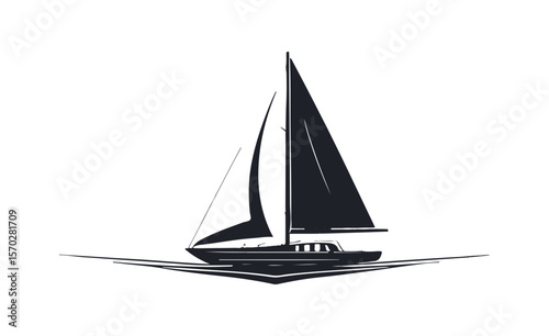 Stylized sailboat vector logo design. Classic yacht silhouette with a sharp wake on the water. Nautical marine icon for a sailing club or travel company.
