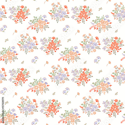Flower pattern, ditsy floral seamless pattern. Small little flower on white  background. Repeat pattern. Ditsy print. Botanic surface design. Ditsy floral flower pattern for fashion, fabric, wrapping
