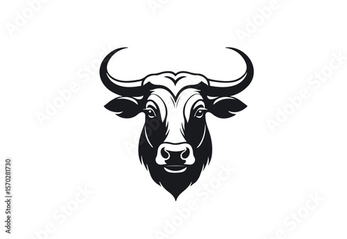 Strong bull head vector mascot logo. Confident ox face illustration for a sports team or financial company. Stylized cattle symbol of power and determination.