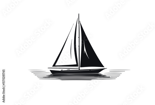 Sketch style sailboat vector icon. Hand-drawn yacht silhouette on water with reflection. Simple black and white boat for a travel or marine logo design.