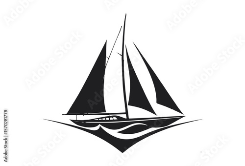 Classic sailboat emblem vector logo. Nautical schooner or ketch on stylized waves. Marine icon for a yacht club, sailing adventure, or maritime brand.