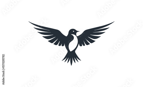 Minimalist flying bird logo vector. Simple dove or swallow with wings spread. Symbol of freedom, peace, hope, or a spiritual company brand icon.
