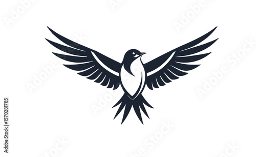 Stylized flying swallow vector logo. Dynamic bird mascot with open wings. Emblem of freedom, speed, and hope for a tattoo or company brand design.