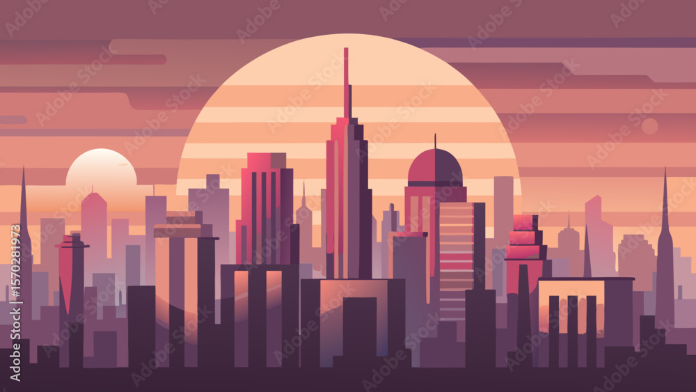 Fototapeta premium Stylized cityscape illustration at sunset/sunrise with a large sun, showcasing modern skyscrapers and a vibrant, warm color palette.