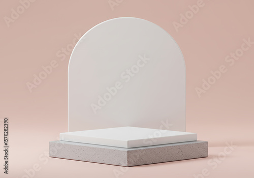 Minimalist arch display stage with concrete and white pedestal