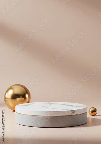 Elegant marble podium with gold spheres and soft lighting