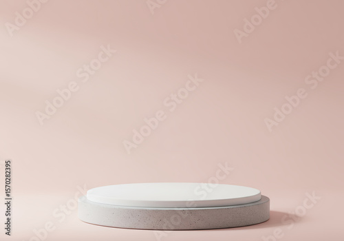 Minimalist pedestal display with textured concrete base and white top