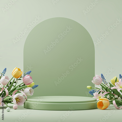 Spring floral display on a pastel green pedestal with arch background
