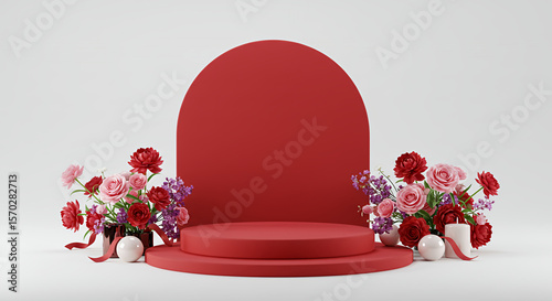 Elegant red podium display with roses and romantic accents