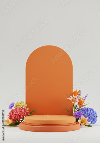 Orange arch pedestal display with vibrant floral arrangement