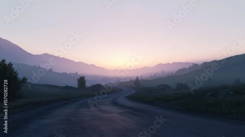 Winding road at sunrise through a valley