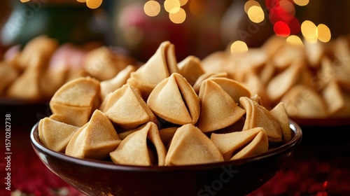Golden fortune cookies in a bowl