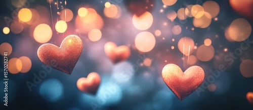 Romantic hearts float in bokeh lights
