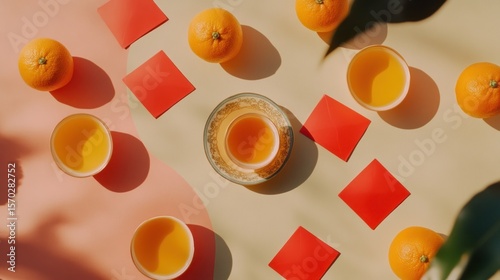 Oranges, teacups, and red squares on pastel background