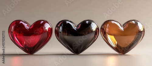 Three glossy hearts in red, black, and amber