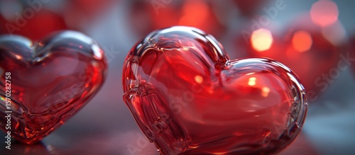 Close-up of red, glossy hearts