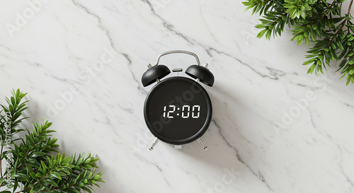 Black alarm clock displays twelve oclock on a marble surface with greenery
