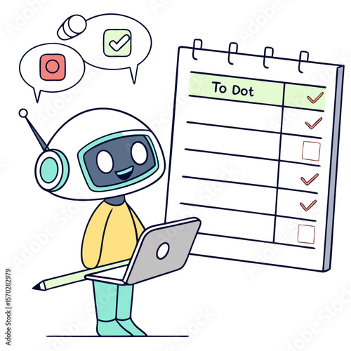 Robot with laptop and pencil next to a to do list with checkmarks and speech bubbles with icons near it