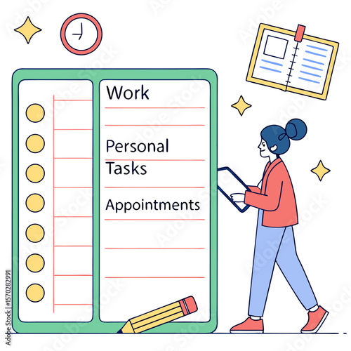 Illustration of a woman with a clipboard next to a task list with work personal tasks appointments clock