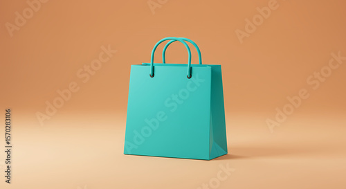Minimalist teal shopping bag on a warm peach background