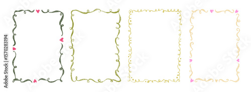Crayon drawn green and pink doodle frame set. Rectangle shapes with wavy decorative lines. Whimsical wedding frames in elegant coquette style. Pencil texture funky hearts and wavy borders.