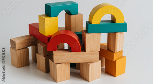 Colorful wooden building blocks stacked creatively on a white surface