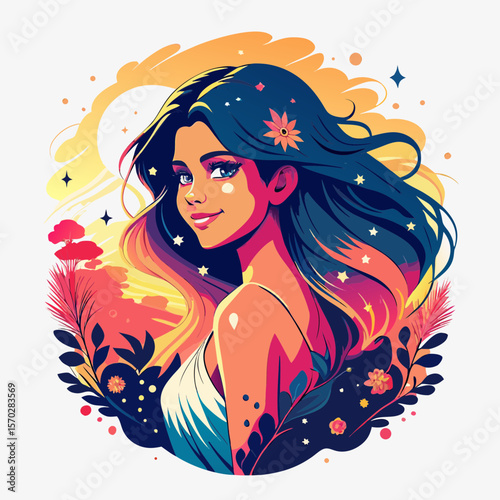 Beautiful woman face with floral hairstyle in elegant fashion vector design
