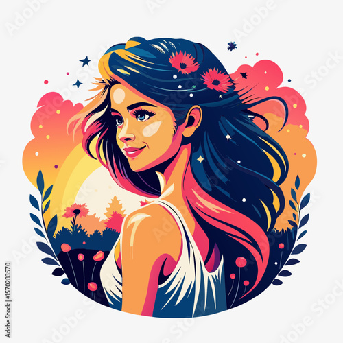 Smiling cartoon woman with floral hair in fashionable vector illustration