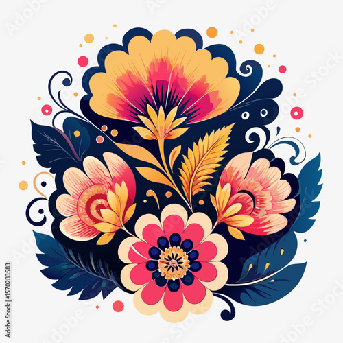 Abstract floral pattern featuring colorful spring flowers and leaves for a decorative nature-inspired design