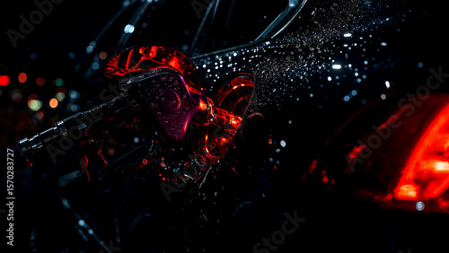 Nighttime fueling with purple nozzle and raindrops