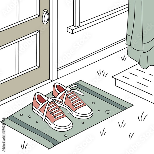 A pair of pink sneakers sitting on a mat in front of a door with a curtain hanging nearby in a house