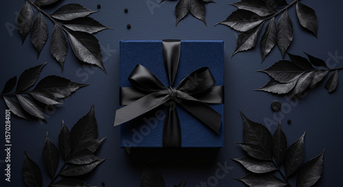 Elegant blue gift box with black ribbon surrounded by dark leaves