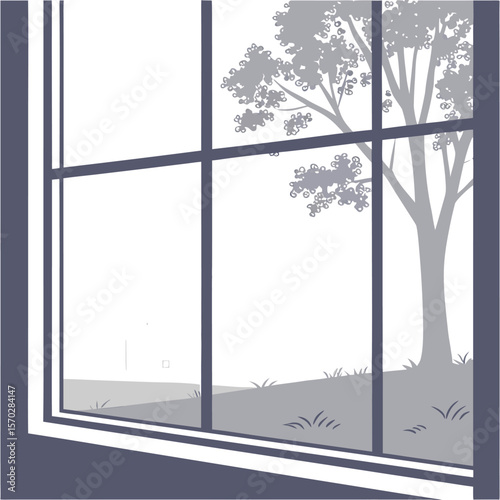 View through a window with a tree outside on a grassy hill in grayscale with a simple minimalist style