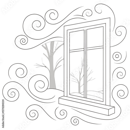 A window view of winter trees with swirling wind patterns in a grayscale coloring book style image art