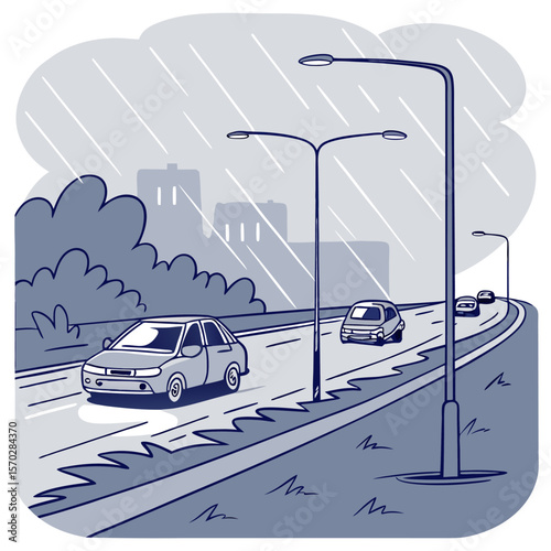 Cars driving on a road with street lights and buildings in the background during a rainy day scene depicted