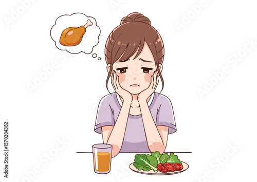 Sad Woman on Diet Craving Fried Chicken with Salad and Juice.