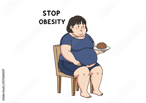 Overweight Woman Sitting Holding Plate with Food Cartoon Illustration.