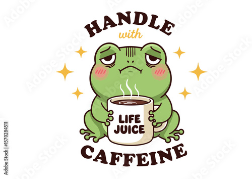 Cartoon Frog with Coffee Mug Depicting Tiredness and Caffeine Dependence.