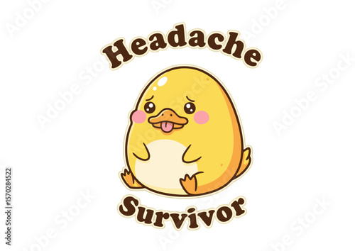 Cute Yellow Duckling Cartoon with Headache Survivor and Pink Cheeks.