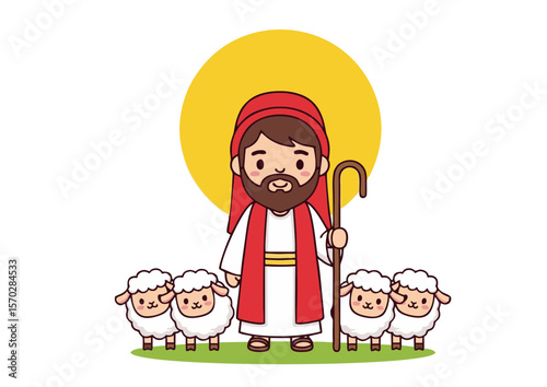 Cute Jesus Christ Cartoon Character with Flock of Sheep.
