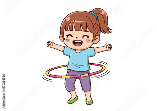 Cheerful Cartoon Girl Playing with Hula Hoop Smiling and Happy.