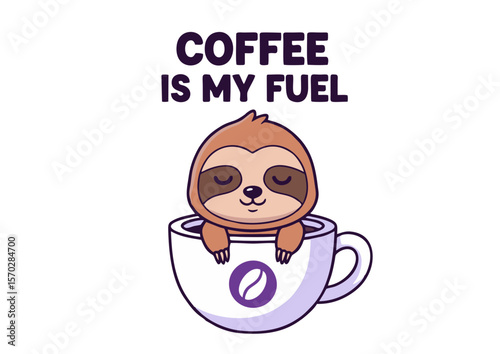 Adorable Cartoon Sloth Relaxing in Coffee Cup Smiling with Closed Eyes.